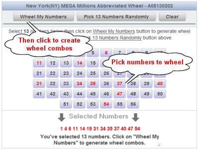 Texas MEGA Millions Lotto Wheels Number Selection Sample